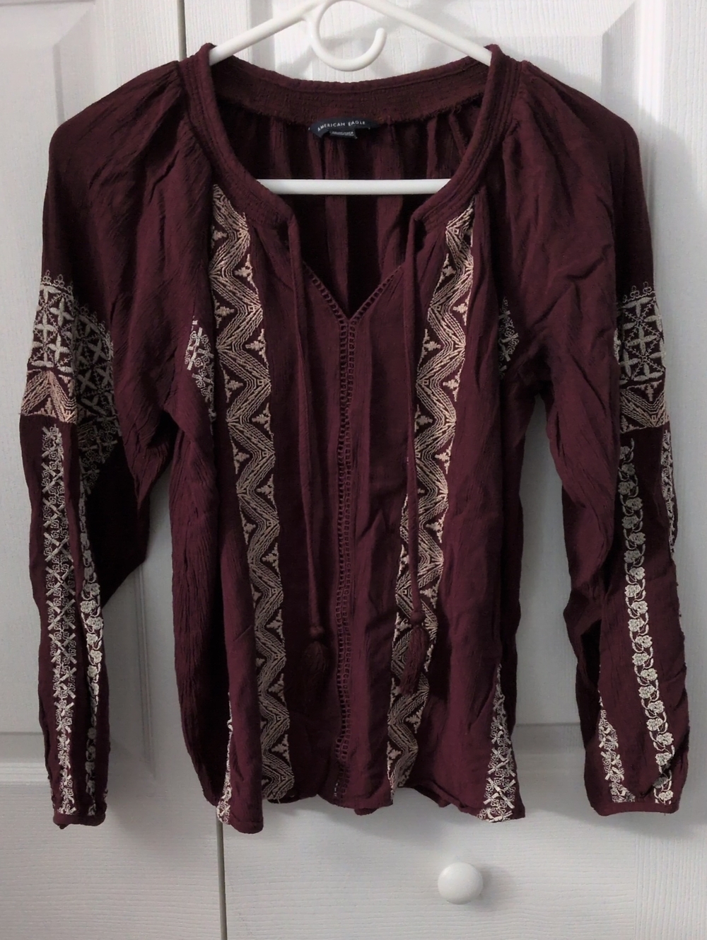 American Eagle Outfitters Burgundy Embroidered Peasant Tunic Boho